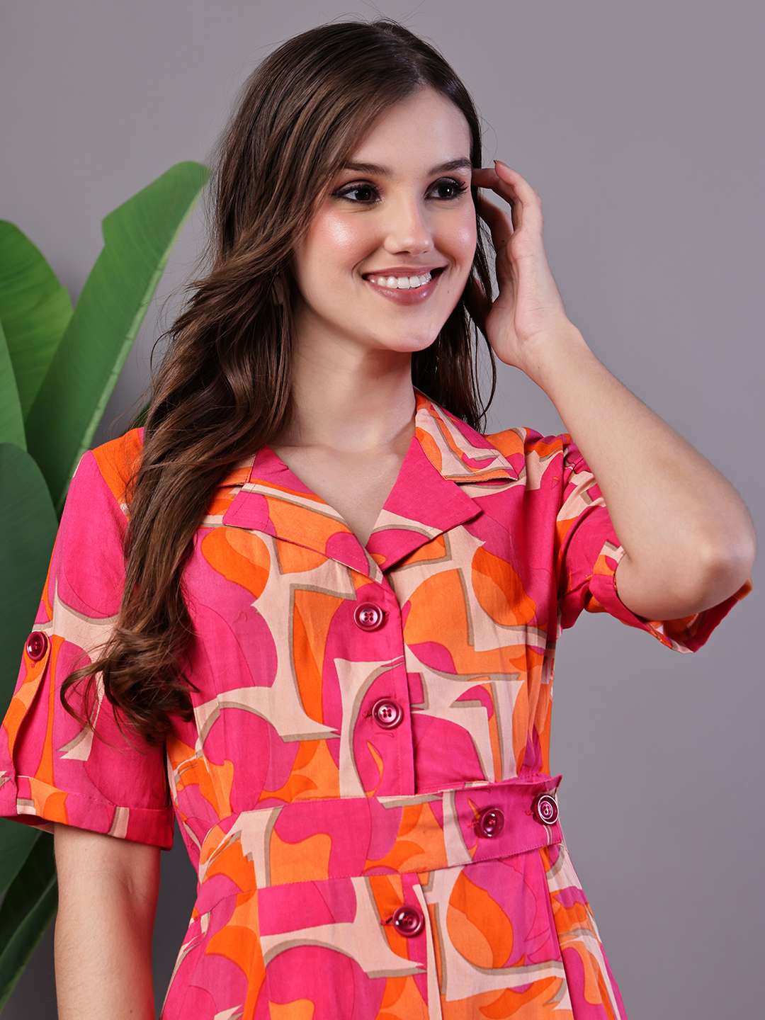 Women's Pink & Orange Abstract Print Cotton Shirt Dress - Image 4