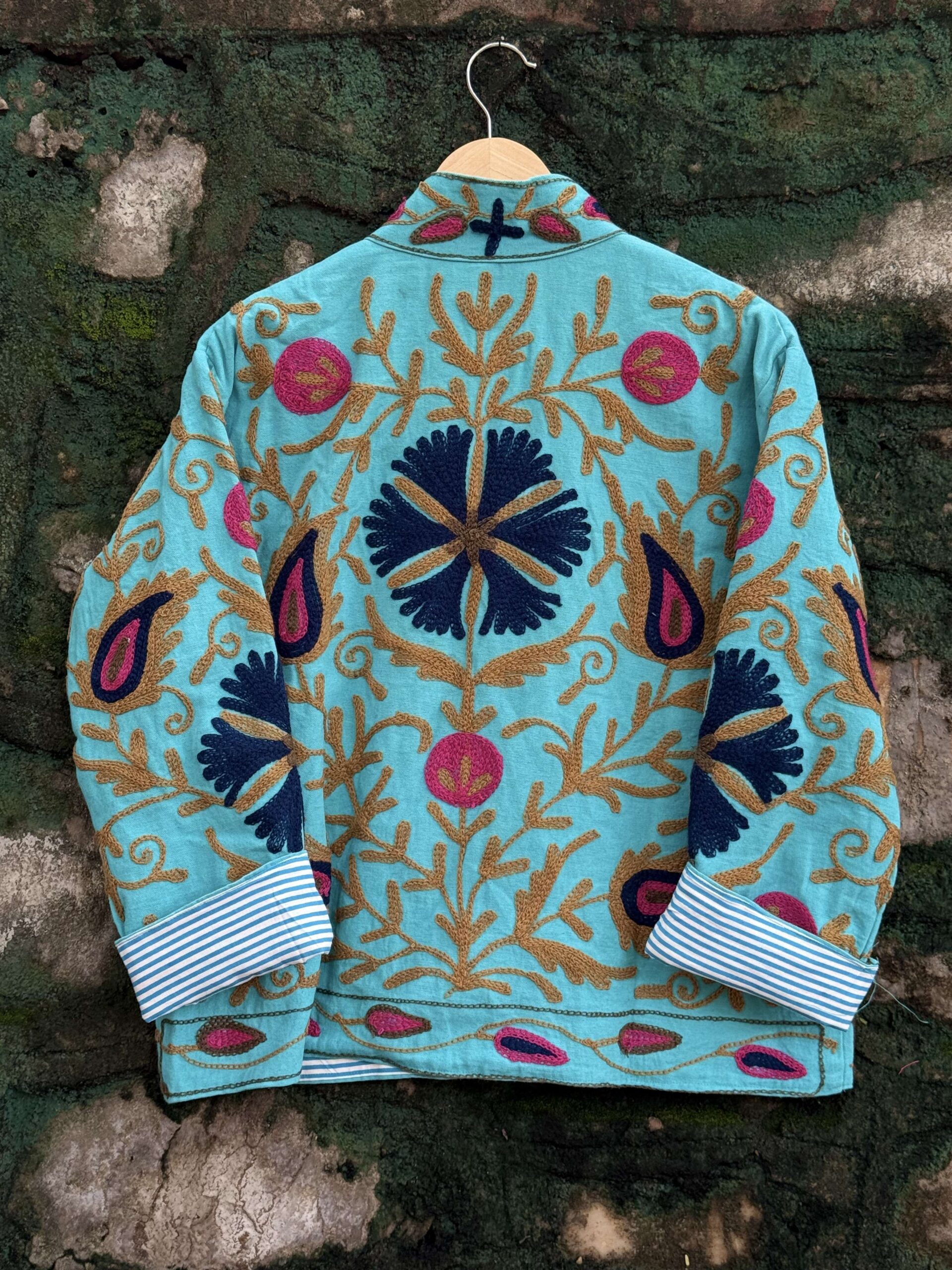 Womens Teal Blue Velvet Embroidered Jacket with Floral Design - Image 5